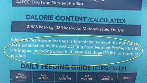Statement showing dog food suitable for large breed puppies