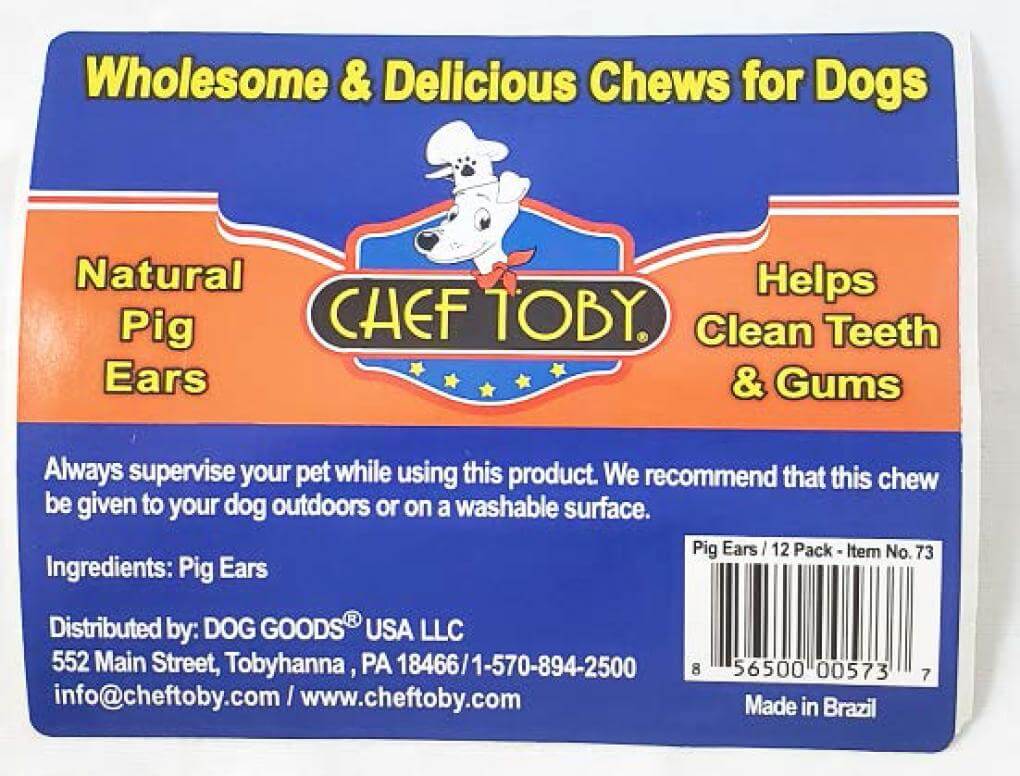 Product Label of Dog Goods Chef Tobys Pig Ears Dog Treats Version 2