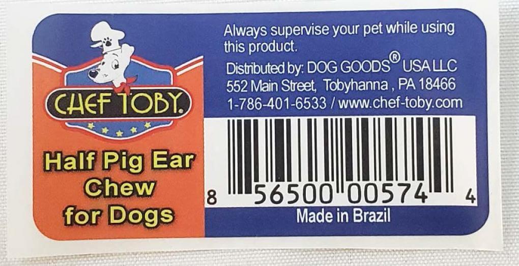 Product Label of Dog Goods Chef Tobys Pig Ears Dog Treats