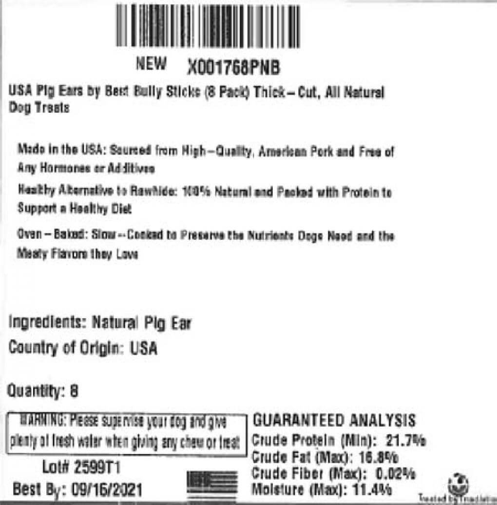 TDBBS Pig Ear Treat Recall Sample of Product Label