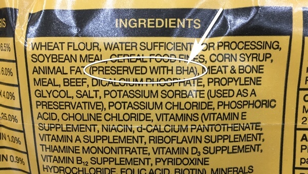 Dog Food Label Showing Fat Preserved with BHA